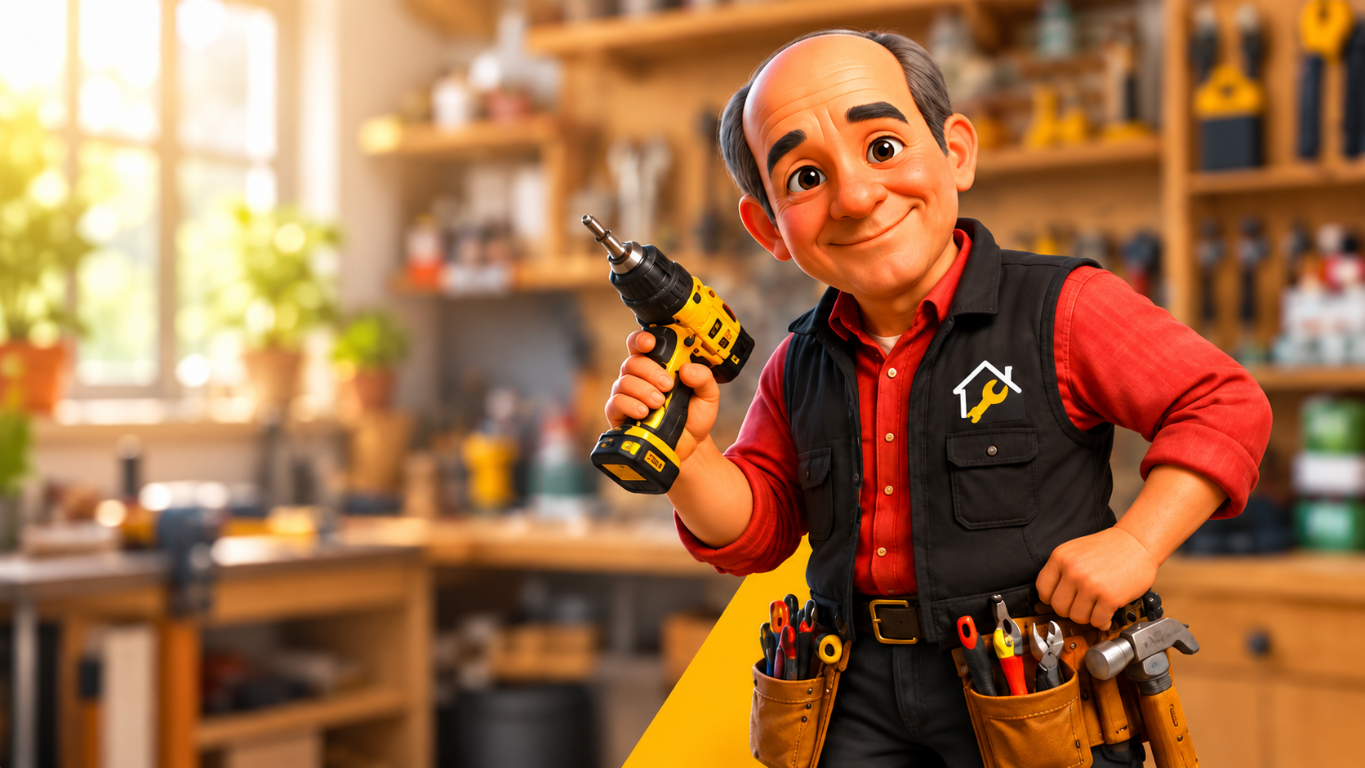 El Marido de Alquiler sonriendo con un taladro en su taller